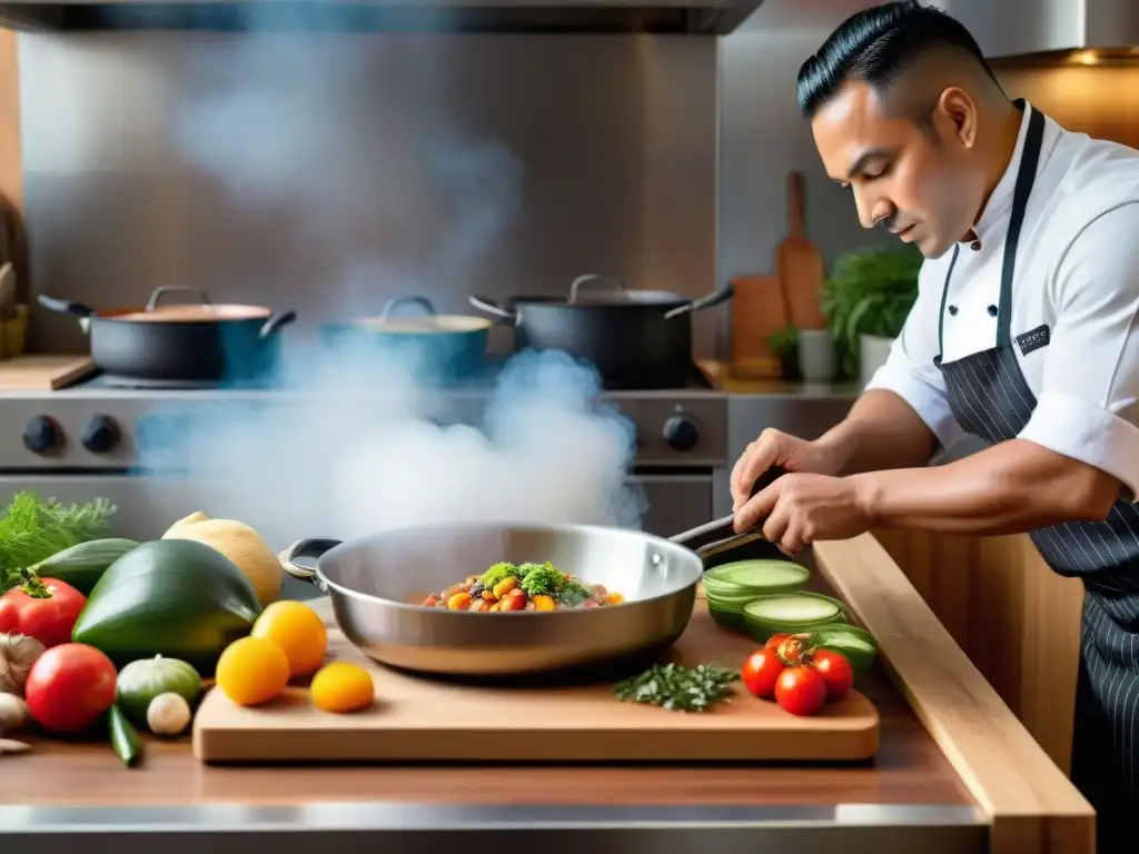 Un chef indígena prepara con maestría un platillo tradicional en una cocina fusion, resaltando la fusión de técnicas culinarias