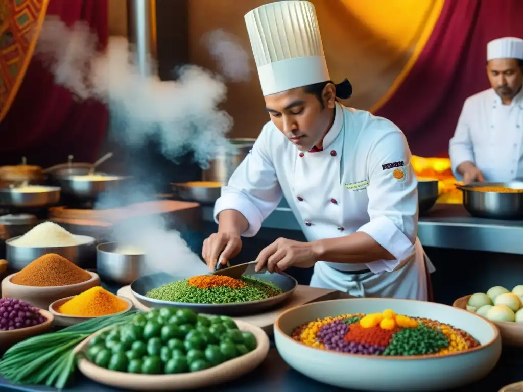 Chef indígena preparando platillo vibrante con ingredientes locales, reflejando la influencia de la cocina indígena en las tendencias culinarias