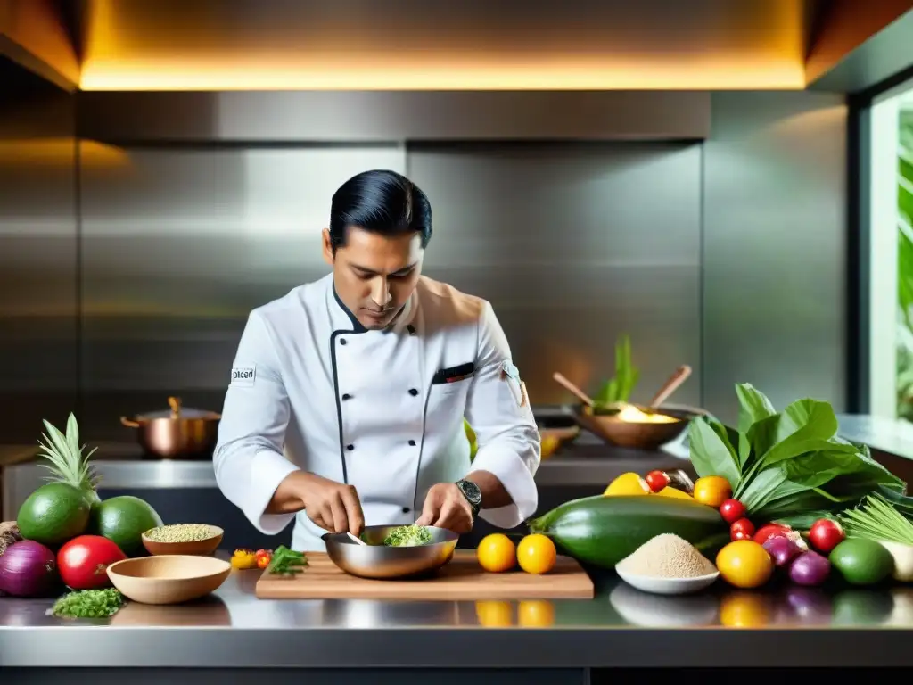 Un chef indígena prepara plato amazónico con ingredientes únicos, fusionando técnicas ancestrales con alta cocina