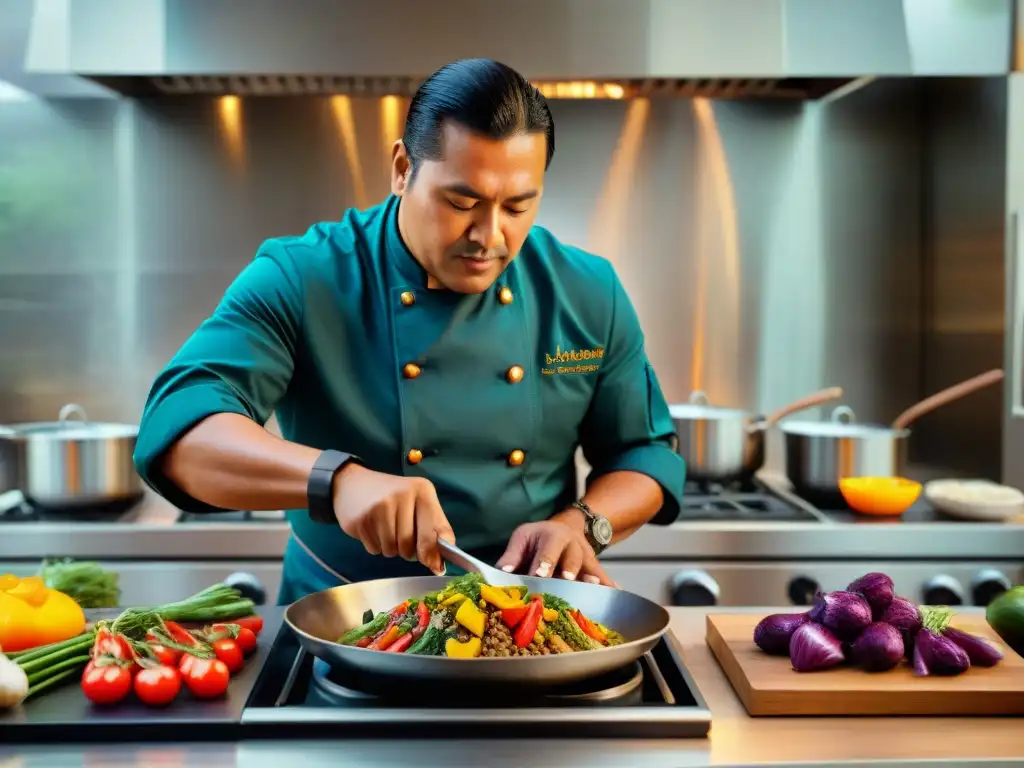 Un chef indígena preparando un plato de fusión en una cocina moderna, con ingredientes locales y prácticas sostenibles indígenas