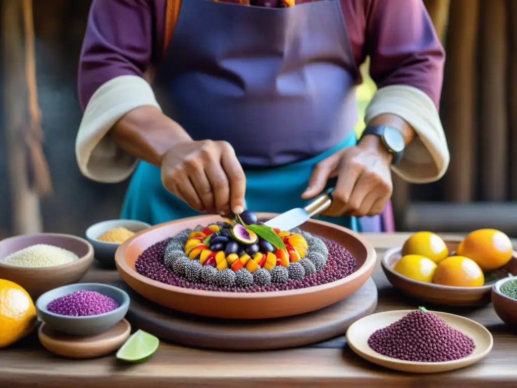 Un chef indígena de América prepara un plato colorido y elaborado con ingredientes locales en una cocina tradicional