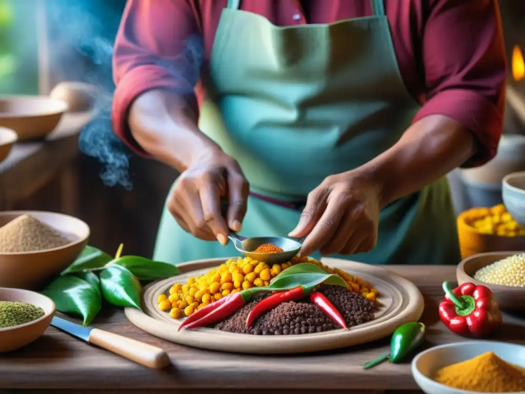 Un chef indígena preparando un plato colorido con técnicas ancestrales