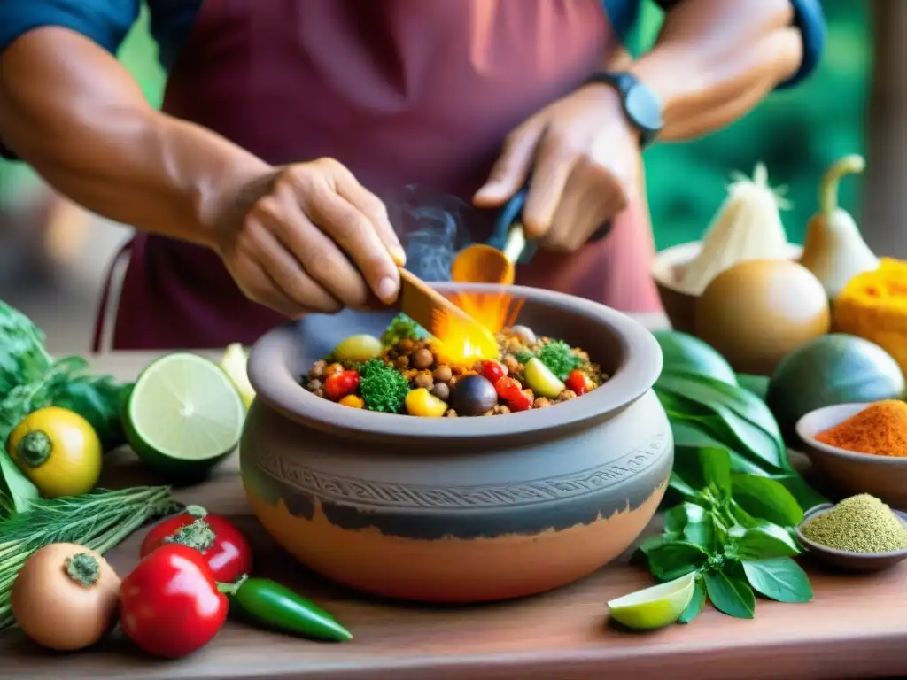 Un chef indígena prepara plato colorido y elaborado, con ingredientes locales y especias vibrantes en mesa rústica