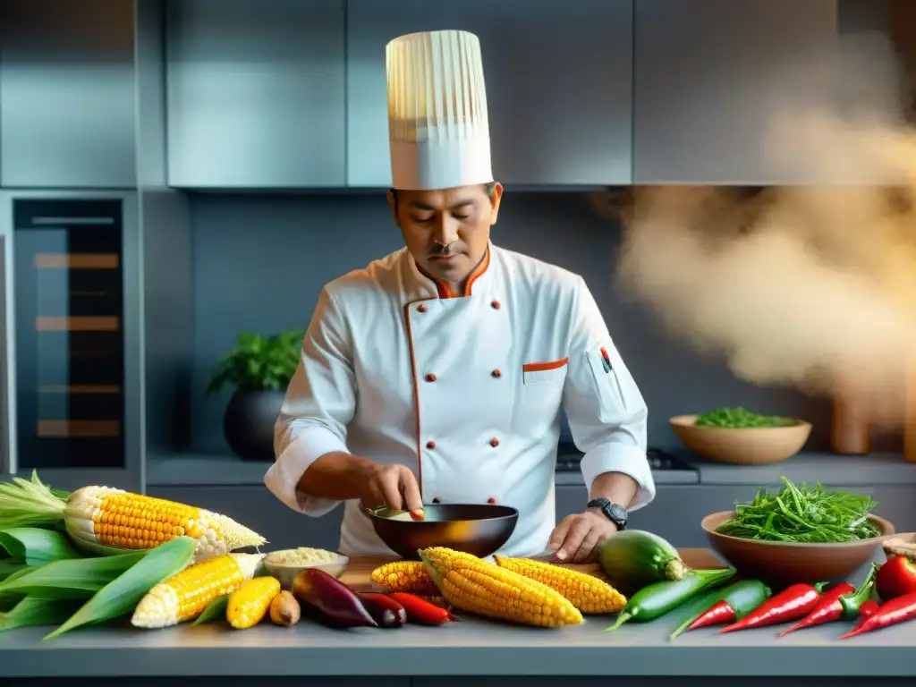 Chef indígena preparando plato innovador en cocina moderna con ingredientes tradicionales