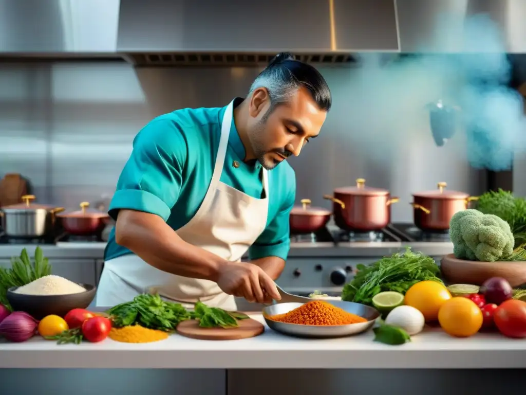 Un chef indígena prepara plato moderno en cocina contemporánea, fusionando técnicas de cocina indígena moderna