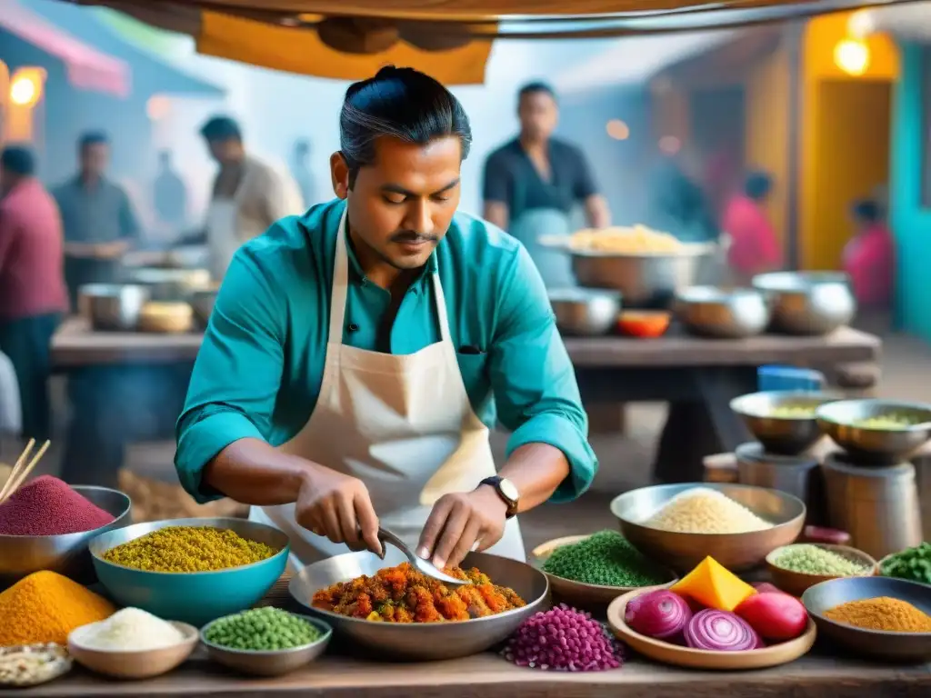 Chef indígena preparando plato tradicional con técnicas de cocina indígena moderna en mercado vibrante