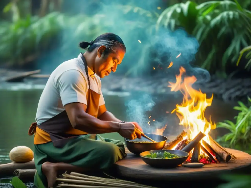 Un chef indígena prepara un plato tradicional con técnicas ancestrales de caza y pesca en un entorno natural