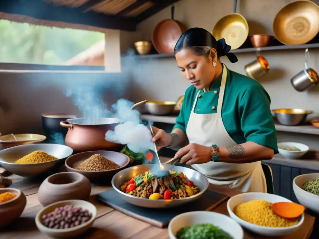 Un chef indígena prepara platos ancestrales en cocina rústica con utensilios antiguos y ingredientes vibrantes