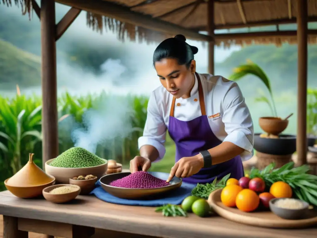 Un chef indígena preparando platos auténticos en festivales gastronómicos, con ingredientes vibrantes y historia cultural