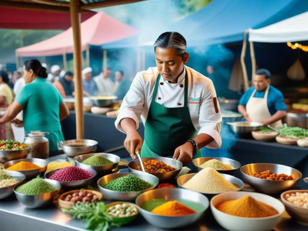 Un chef indígena prepara platos coloridos en un mercado, mostrando la riqueza de la gastronomía indígena y su importancia cultural en las Américas