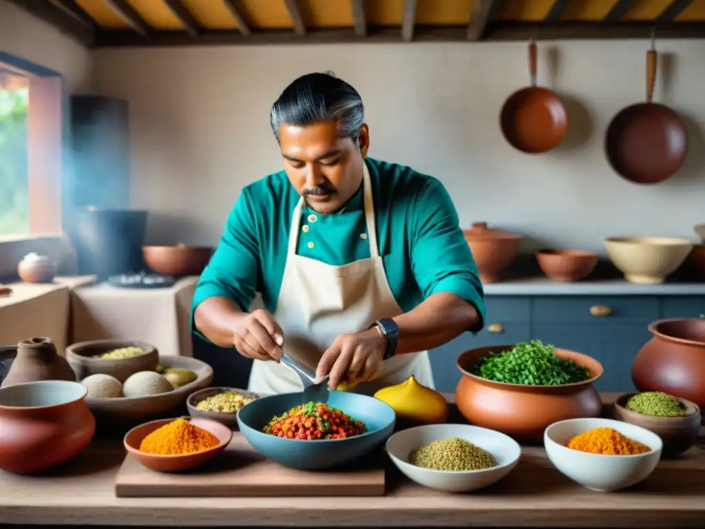 Un chef indígena preparando platos coloridos en una cocina rústica, destacando la gastronomía indígena y su importancia cultural en las Américas