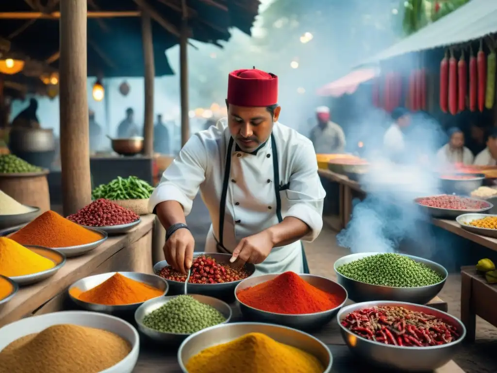 Un chef indígena prepara platos picantes con chiles en un mercado lleno de colores y sabores