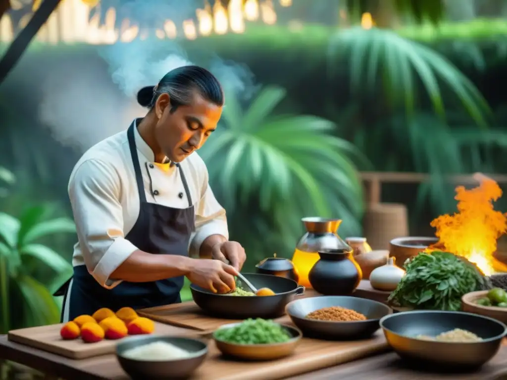 Un chef indígena innovando en prácticas culinarias, entre colores y sabores nativos bajo el sol