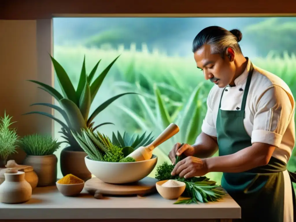 Chef indígena preparando remedio con plantas medicinales en cocina tradicional