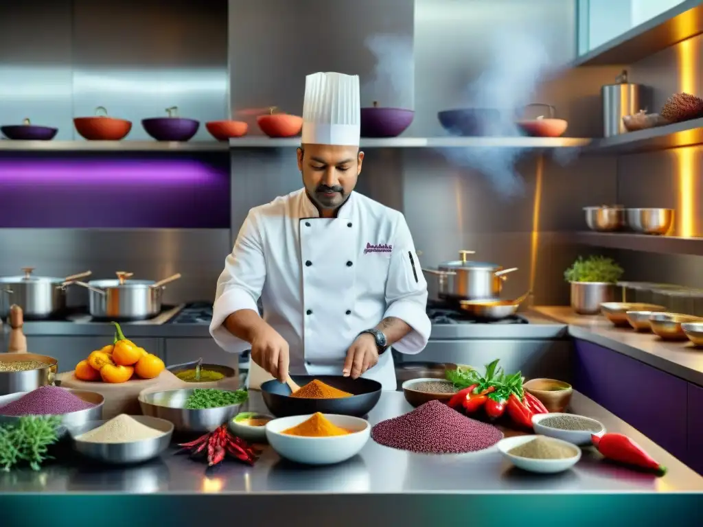 Un chef indígena fusiona sabores y técnicas en una cocina vibrante con ingredientes ancestrales