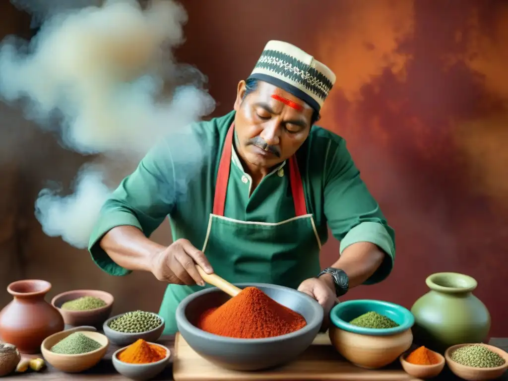 Un chef indígena preparando una salsa picante con especias coloridas en un mortero de piedra, en un ambiente tradicional