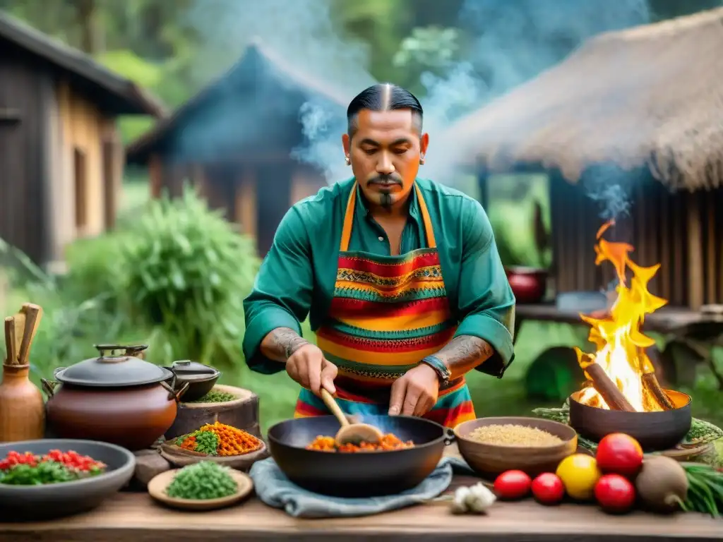 Un chef indígena con tatuajes faciales elabora platillos ancestrales en cocina rústica al aire libre, reflejando la herencia culinaria indígena