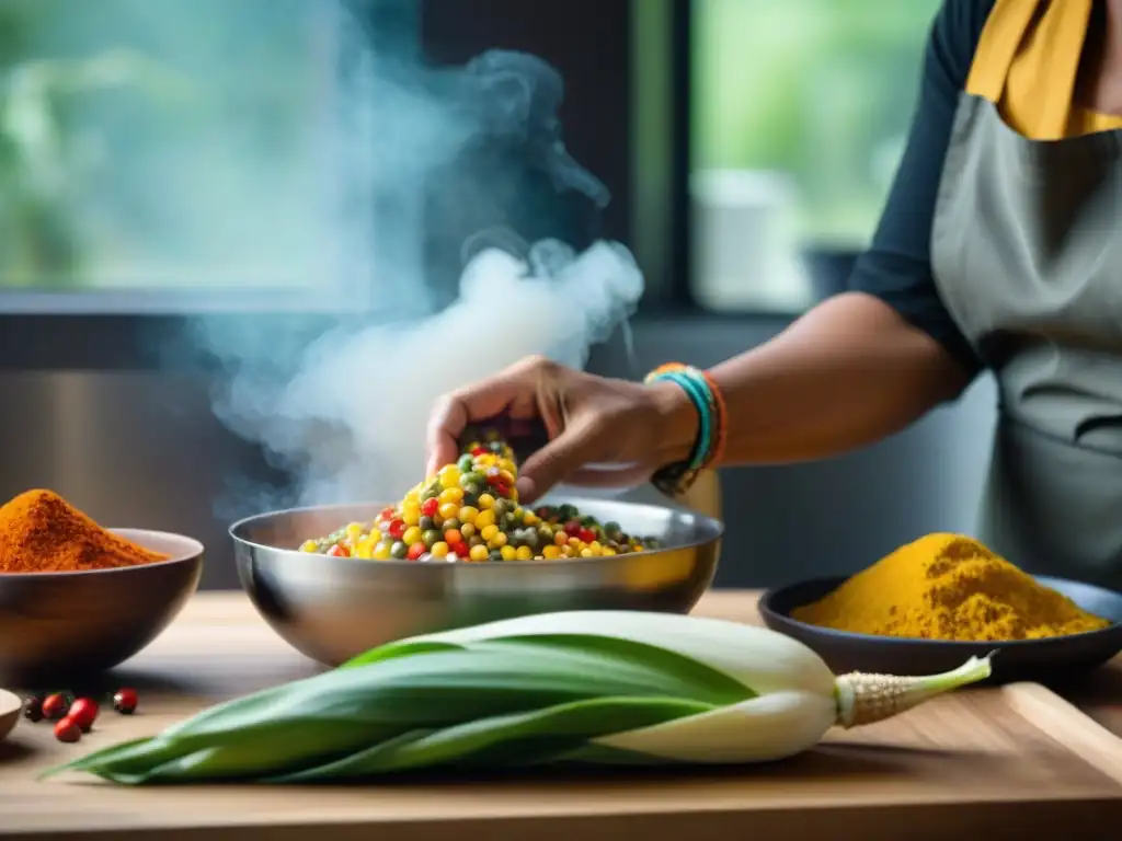 Un chef indígena combina técnicas ancestrales y cocina moderna en una cocina de acero inoxidable