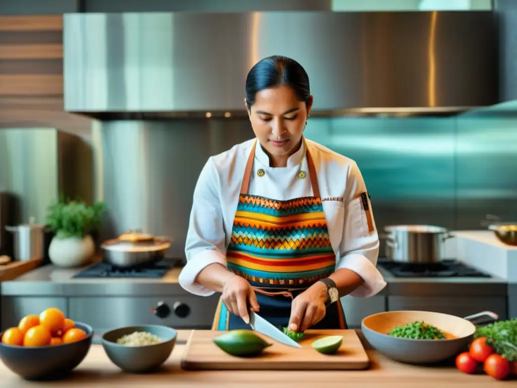 Un chef indígena fusiona técnicas tradicionales y modernas en una cocina vibrante con ingredientes locales