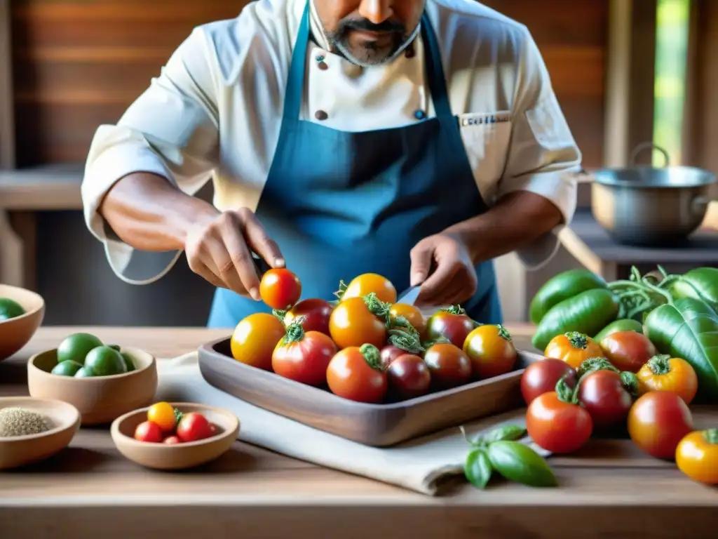 Chef indígena seleccionando tomates orgánicos en prácticas sostenibles de cocina