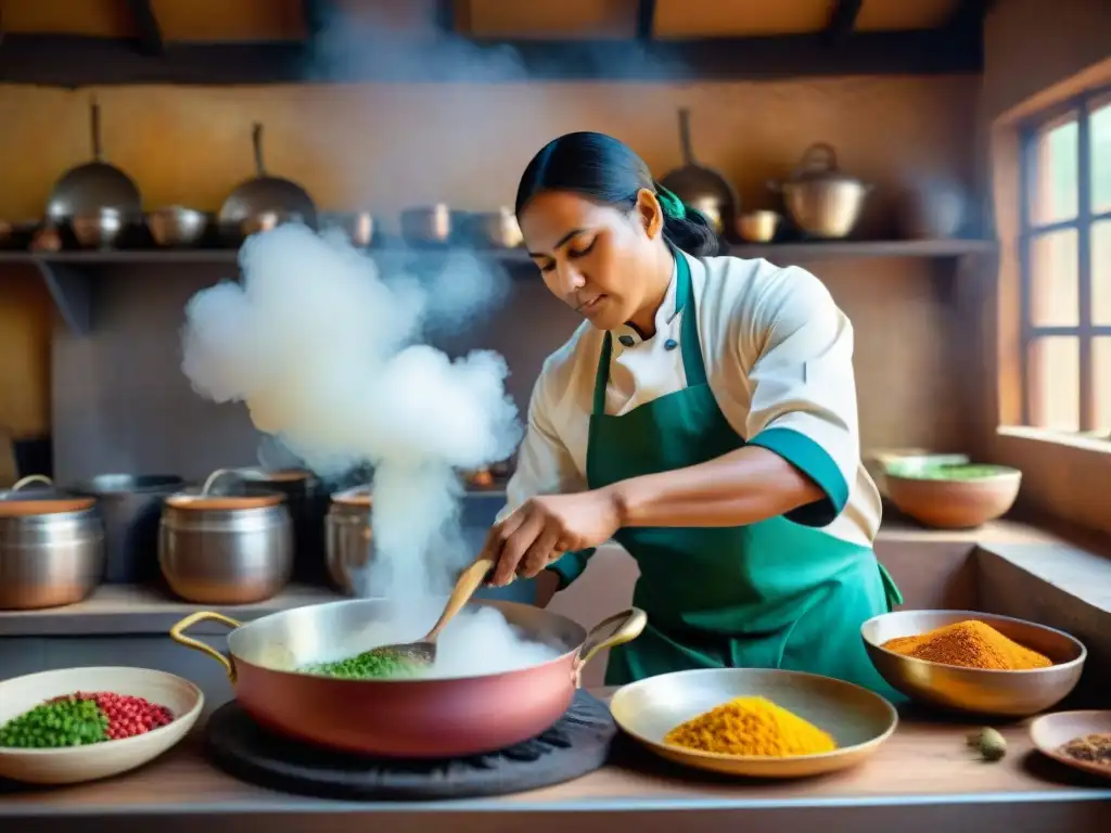 Un chef indígena viste atuendo tradicional mientras prepara un plato colorido en una cocina rústica