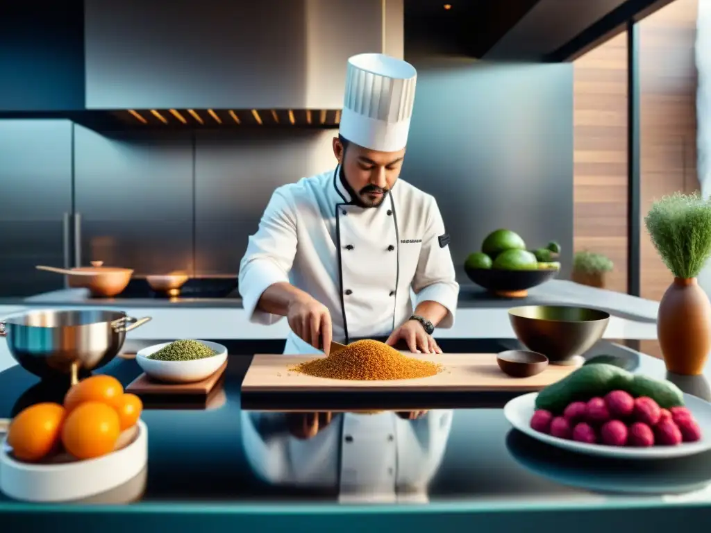 Un chef fusiona ingredientes ancestrales en una cocina moderna, simbolizando la unión del pasado y el futuro culinario