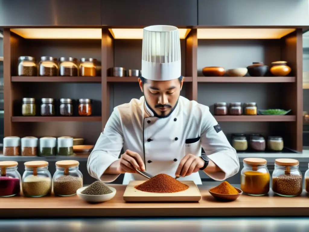 Chef fusionando ingredientes ancestrales en cocina de fusión con precisión y arte culinario