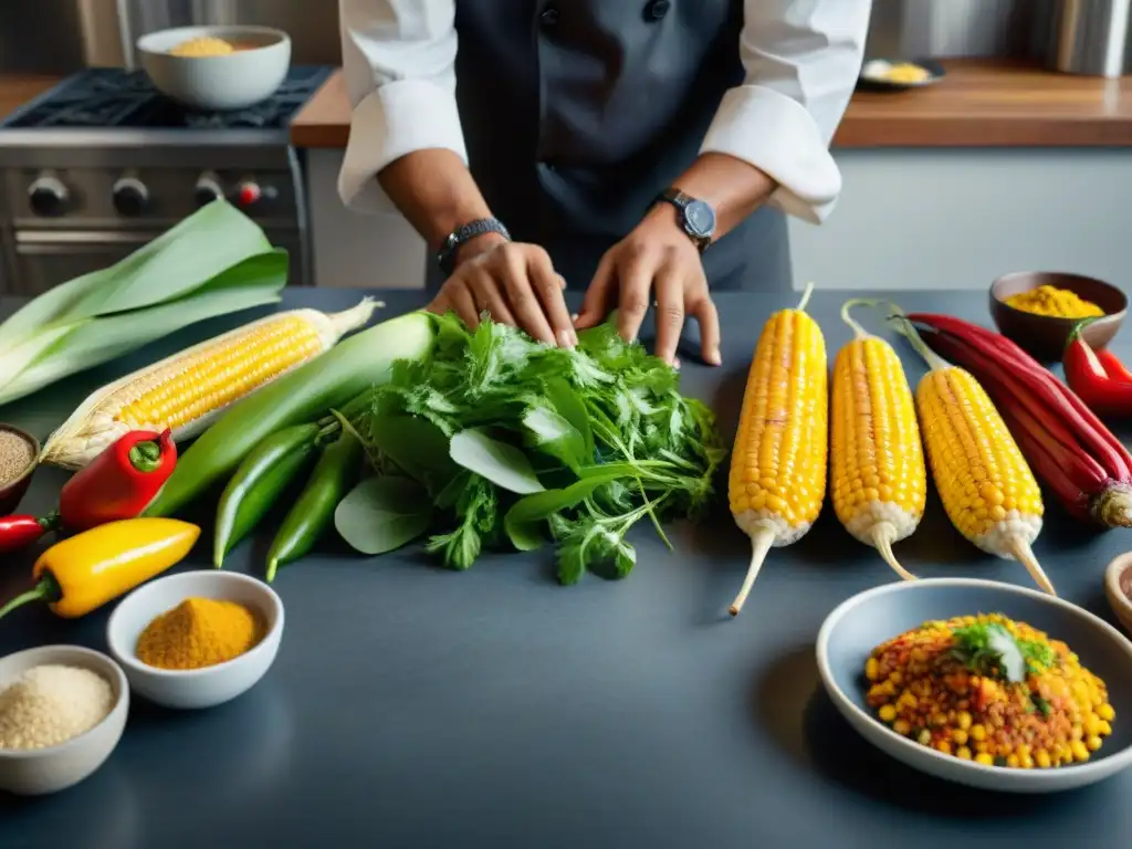 Un chef prepara ingredientes indígenas en una cocina contemporánea