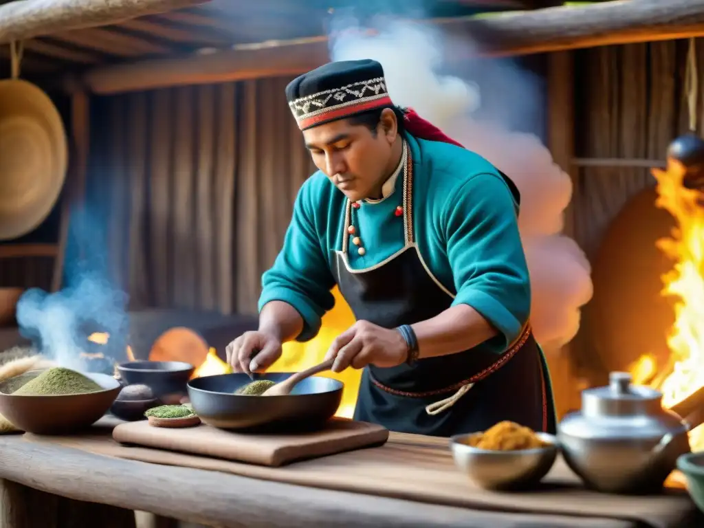 Un chef Mapuche preparando un plato tradicional en una cocina rústica, destacando la herencia culinaria indígena