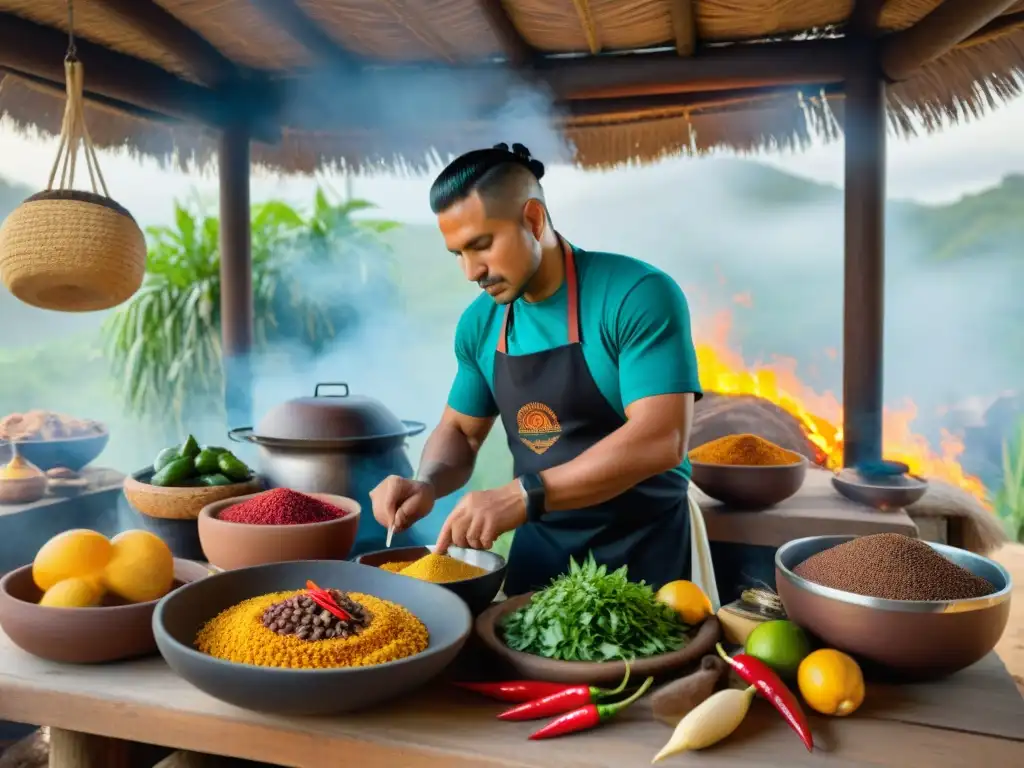 Un chef maya preparando platillos tradicionales en una cocina al aire libre, mostrando prácticas culinarias indígenas innovadoras