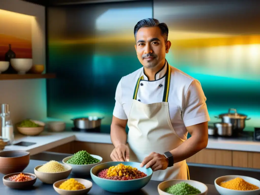 Un chef mexicano fusionando platos indígenas en una cocina moderna al atardecer