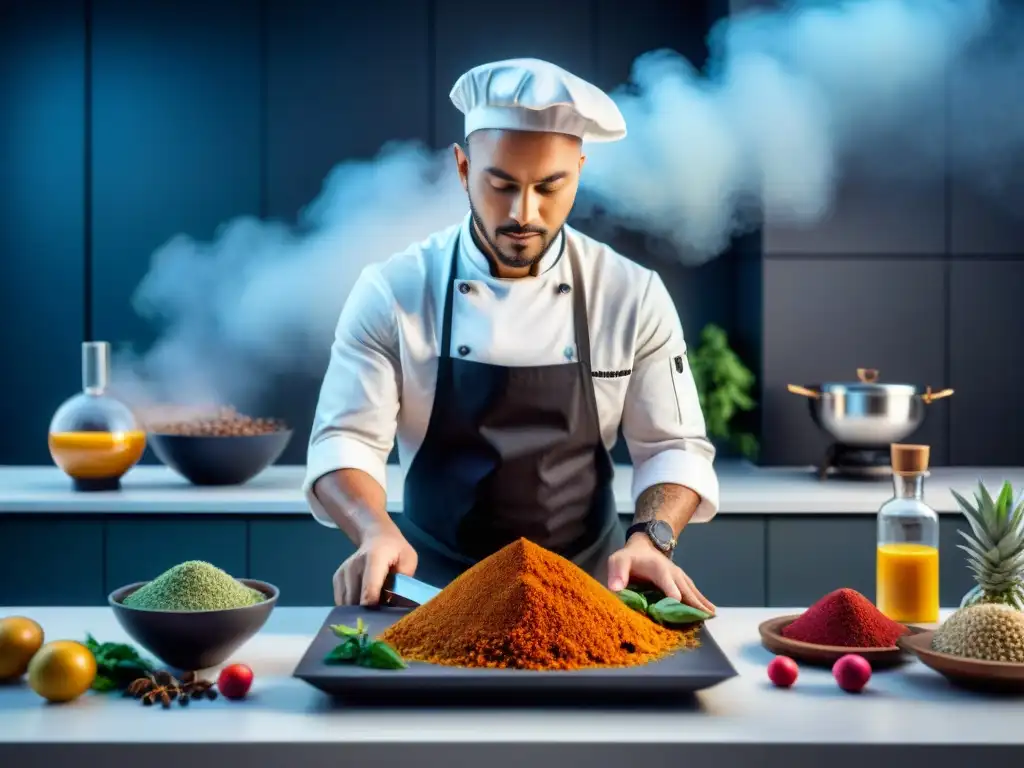 Un chef moderno en una cocina futurista fusionando ingredientes ancestrales con técnica innovadora