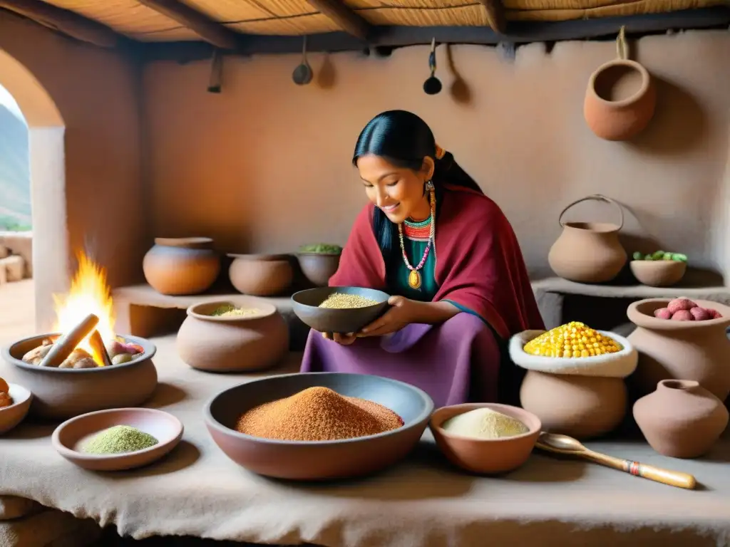 Un chef peruano en un cocina inca tradicional, preparando ingredientes coloridos con precisión