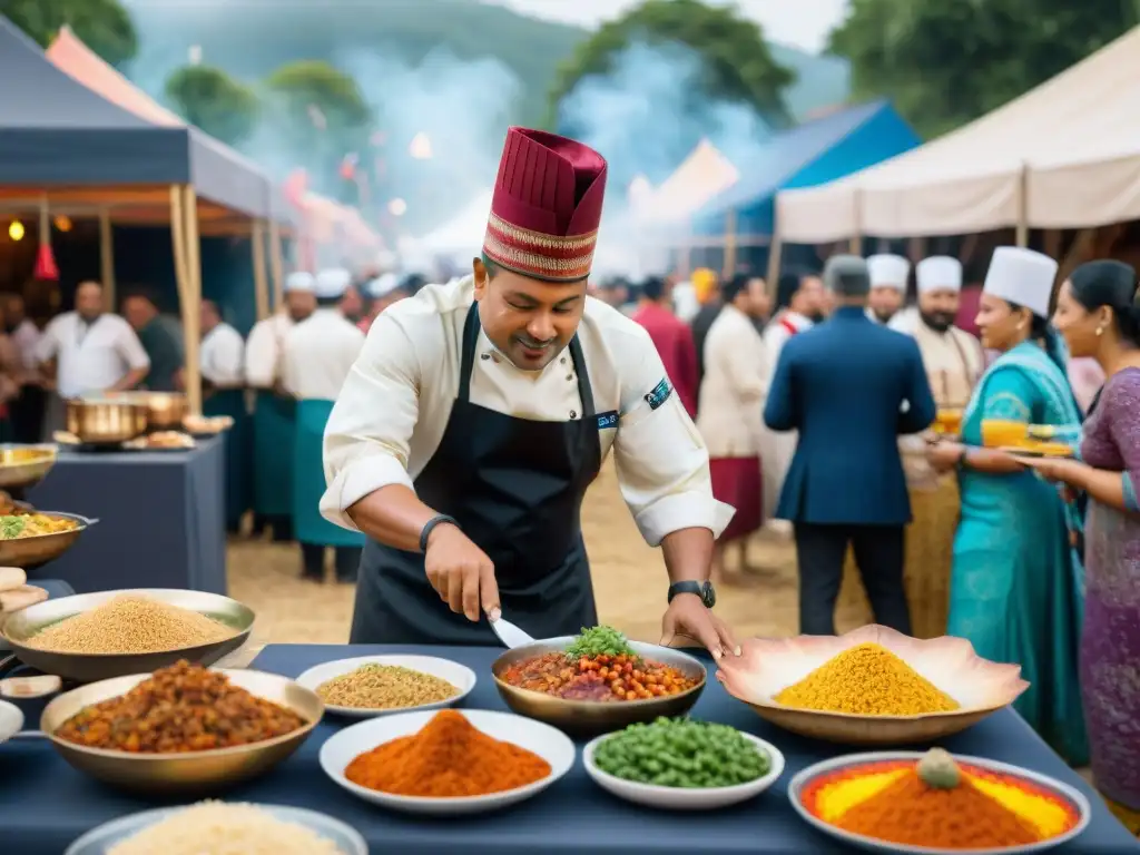 Chef indígena prepara plato colorido en festival gastronómico, rodeado de entusiastas