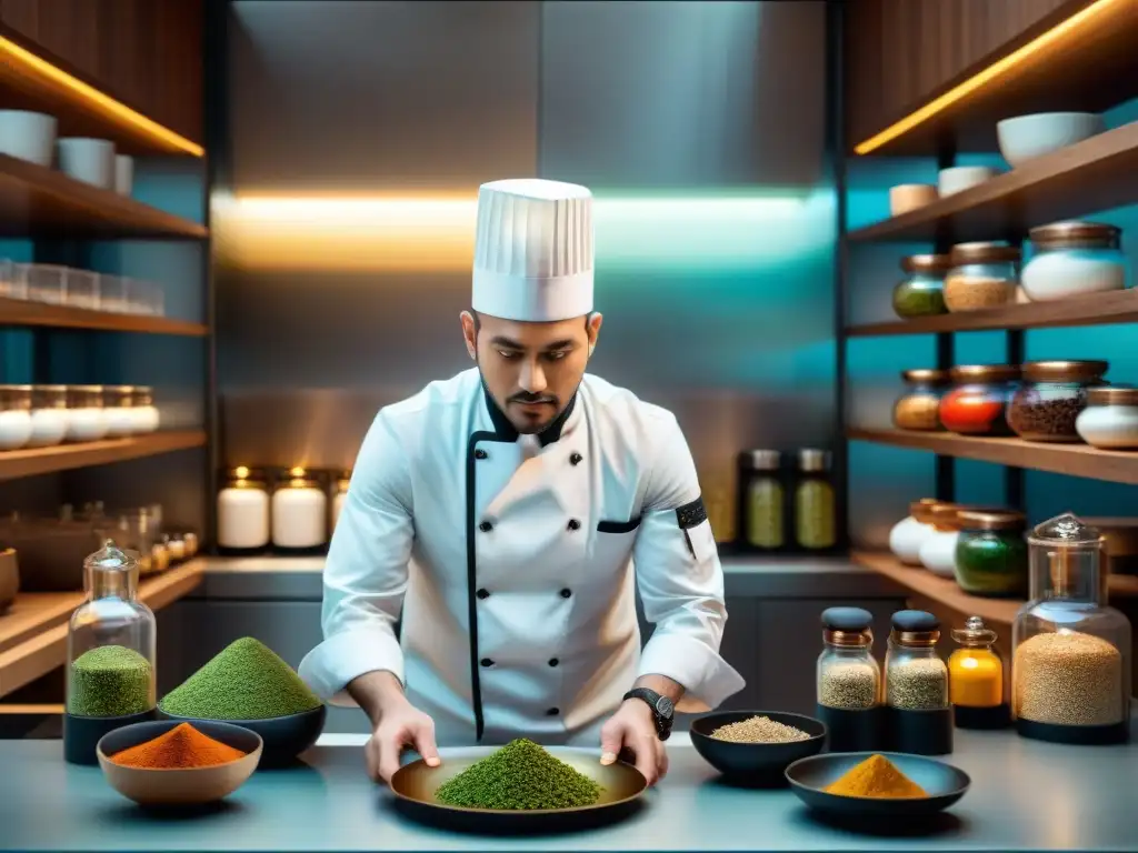 Un chef renombrado en una cocina moderna, fusionando ingredientes ancestrales con técnicas futuristas