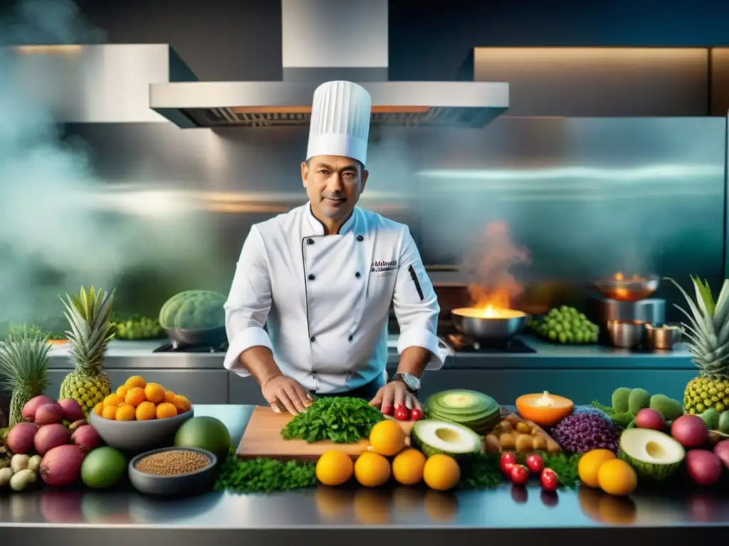 Un chef renombrado en una cocina moderna, rodeado de ingredientes indígenas amazónicos, creando fusiones culinarias