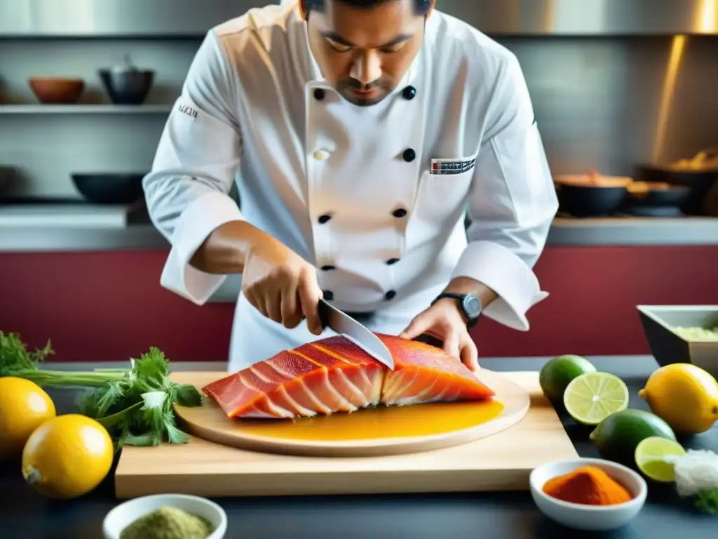 Un chef hábil preparando un tiradito de pescado, fusionando ingredientes peruanos y japoneses