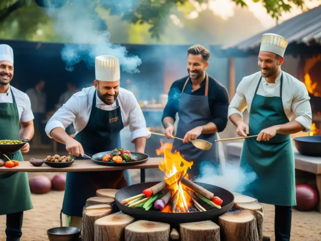 Chefs cocinan al aire libre con técnicas ancestrales, preparando delicioso festín