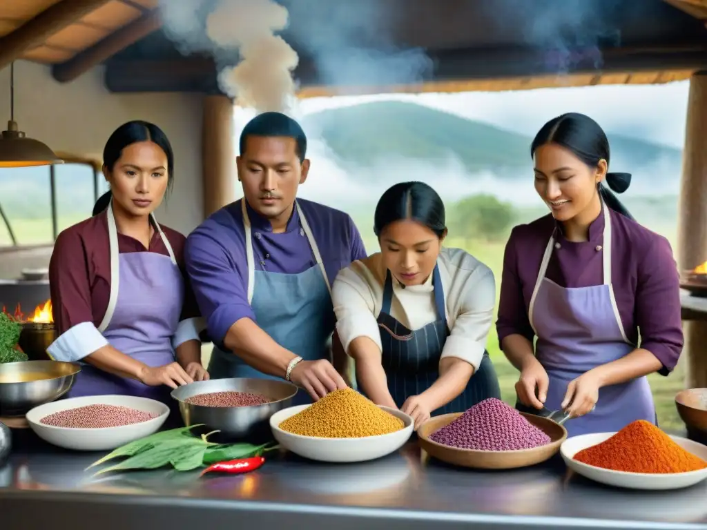 Chefs indígenas redefiniendo cocina tradicional: jóvenes cocineros en torno a fogón con ingredientes nativos coloridos