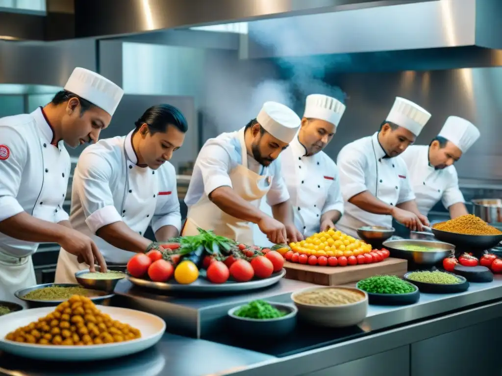 Chefs indígenas preparan platillos tradicionales con un toque contemporáneo en una bulliciosa cocina fusionada