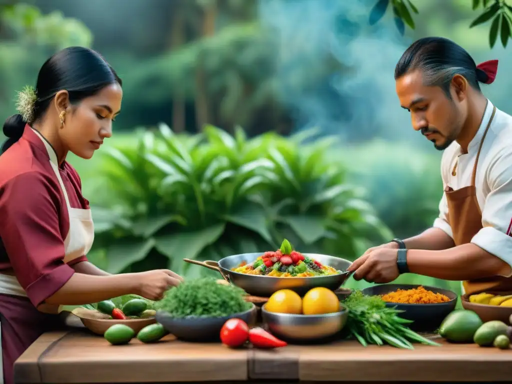 Chefs indígenas preparando platos coloridos y exóticos, mostrando resistencia a la homogeneización gastronómica