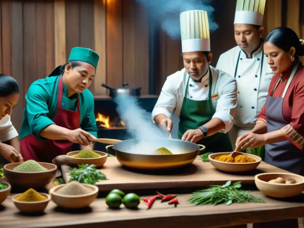 Chefs indígenas intercambiando saberes culinarios con ingredientes indígenas en cocina rústica