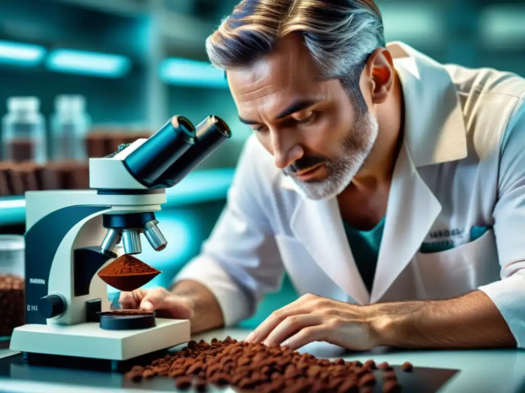 Un científico extrae compuestos de un grano de cacao bajo microscopio, mostrando el origen y aplicaciones innovadoras del cacao