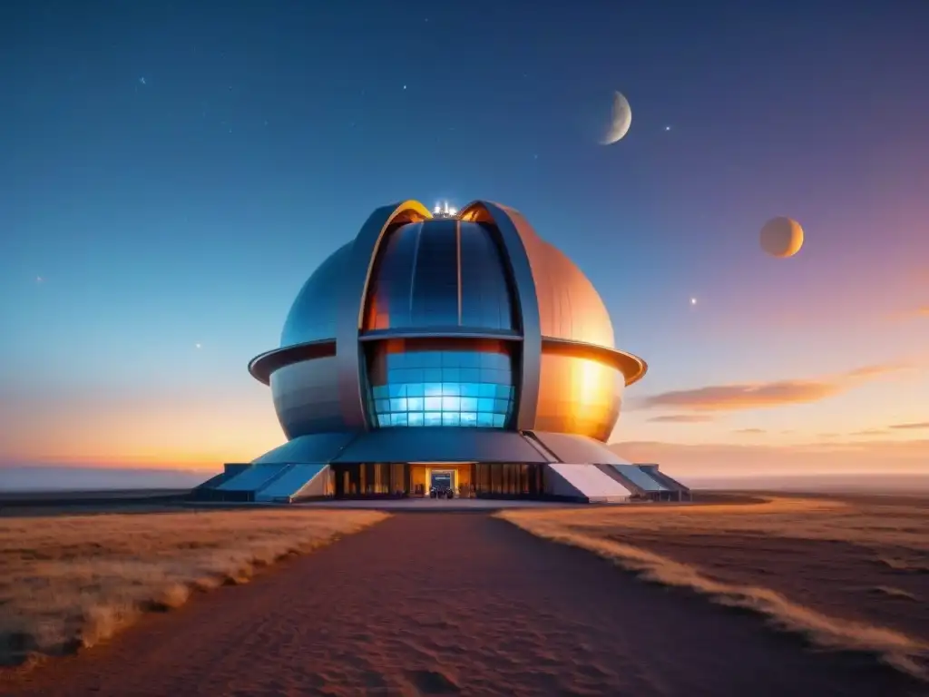 Científicos indígenas en observatorio espacial al atardecer, combinando sabiduría ancestral con tecnología de vanguardia