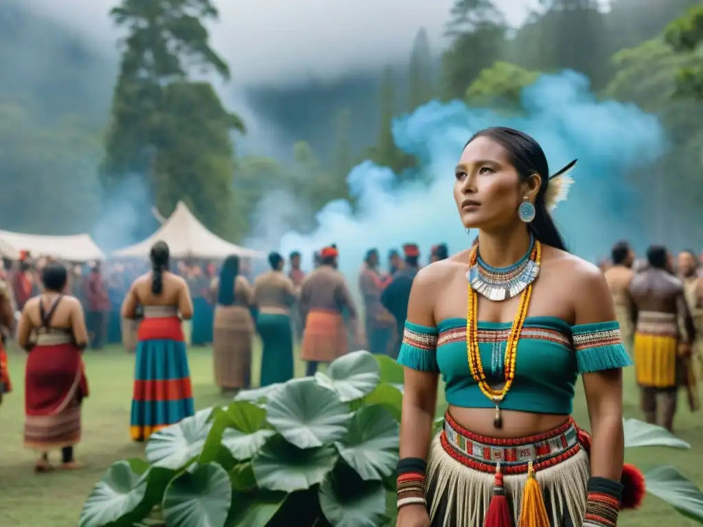 Cine indígena festivales celebración: Escena vibrante de festival de cine en el bosque con comunidad diversa y orgullosos cineastas indígenas