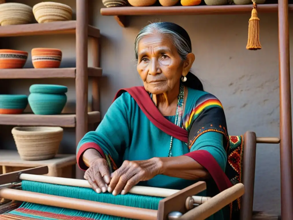 Representación indígena en cine y literatura: Anciana tejedora indígena experta en su telar, rodeada de arte tradicional y sabiduría