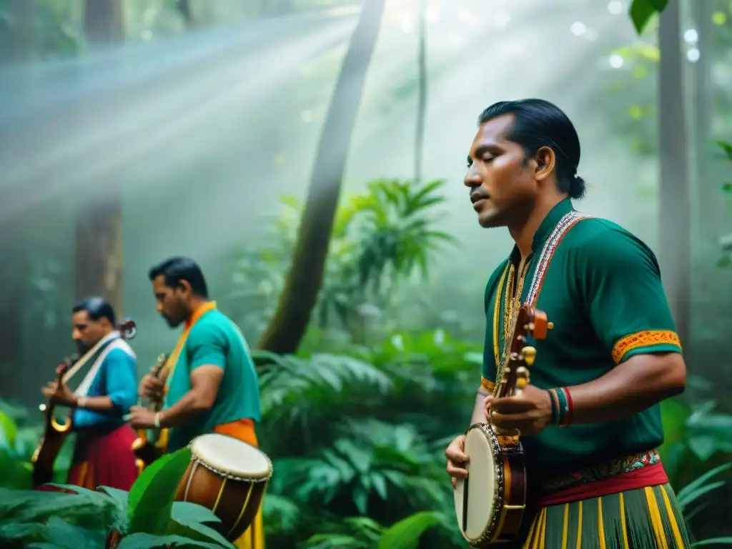 Música indígena en cine: Grupo de músicos indígenas tocando en un bosque verde, con rayos de sol filtrándose entre los árboles