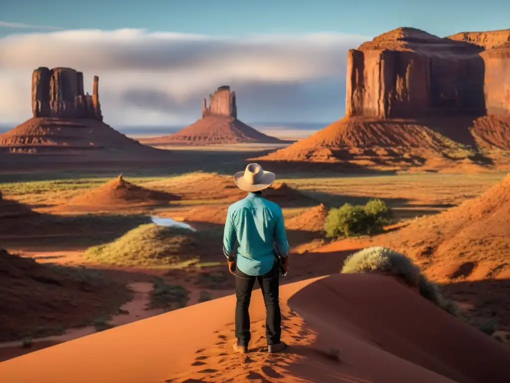 Un cineasta Navajo joven, concentrado tras una cámara en Monument Valley al atardecer