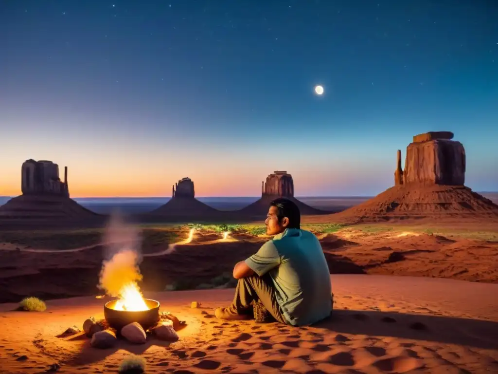 Un cineasta Navajo reflexivo bajo el cielo estrellado del desierto, rodeado de artefactos tradicionales y una cámara de cine vintage