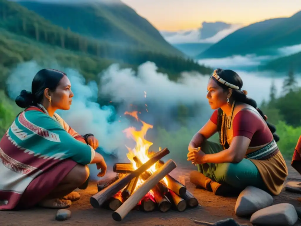 Cineastas indígenas unidos en la lucha por la cultura, compartiendo historias alrededor de la fogata en el bosque al anochecer